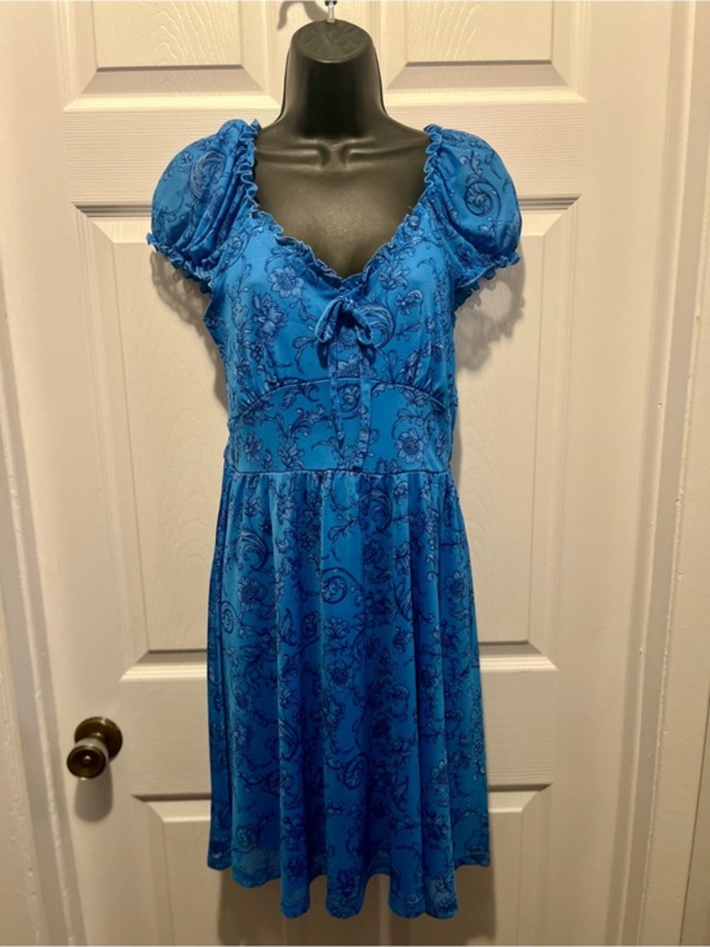 Y2K Justify Dress Floral Blue Small Summer Boho Puffy Short Sleeve Bow
